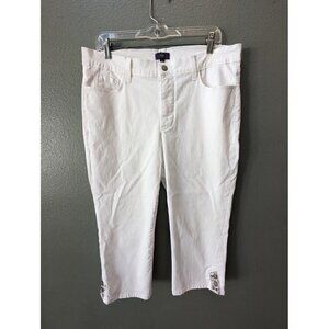 NYDJ Crop White High Rise Denim Jeans Button Embroidered Hem Women's 14